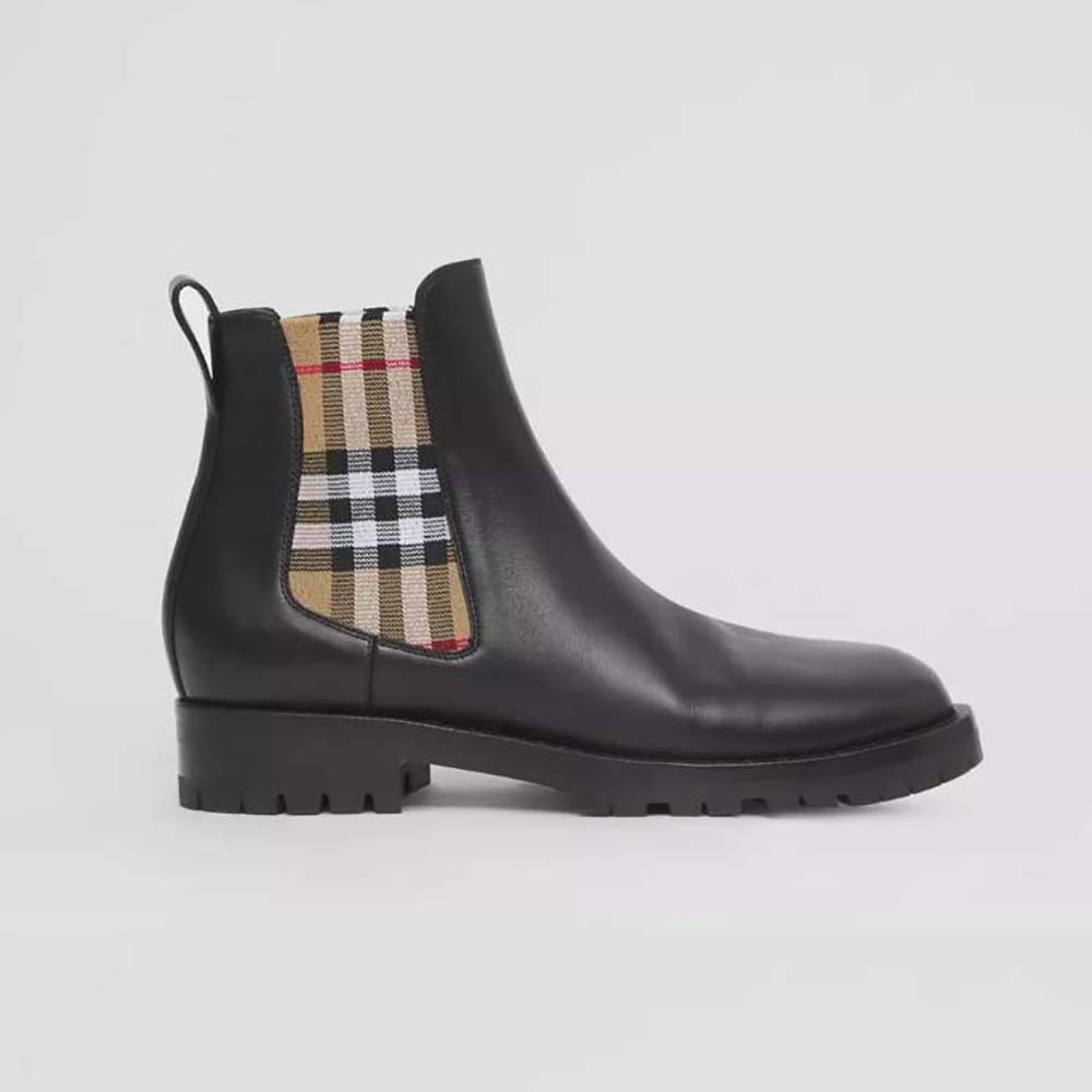 Side view of Burberry Women Vintage Check Detail Leather Chelsea Boots-Black