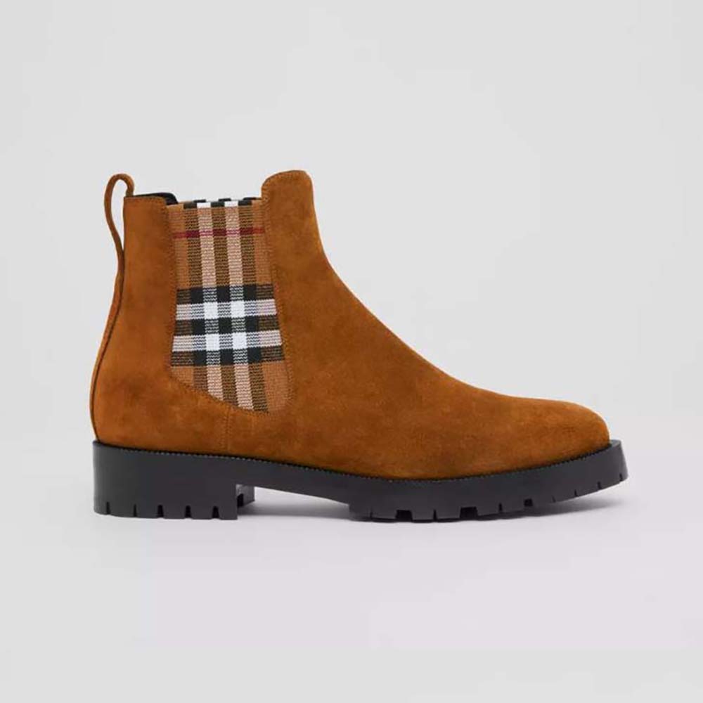 Side view of Burberry Women Vintage Check Detail Suede Chelsea Boots-Brown