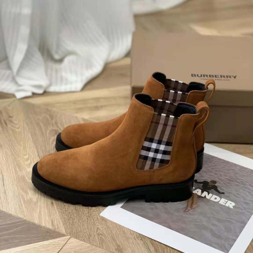 Burberry Women Vintage Check Detail Suede Chelsea Boots-Brown - image 4