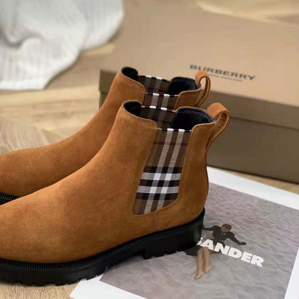 Burberry Women Vintage Check Detail Suede Chelsea Boots-Brown - image 6