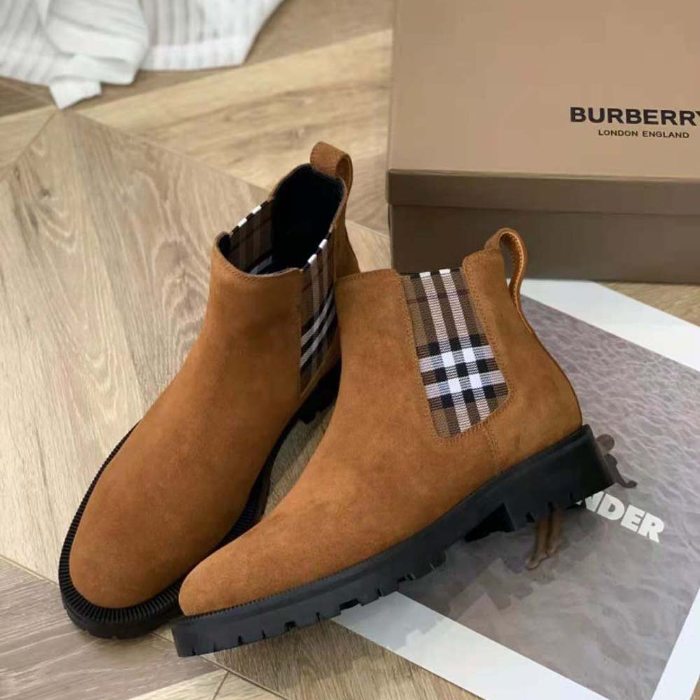 Top angle showing elastic panel on Burberry Women Vintage Suede Boots-Brown