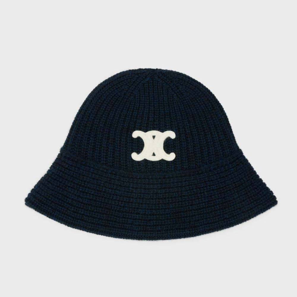 Front angle of Celine Unisex Cloche Bucket Hat in Seamless Cashmere-Black