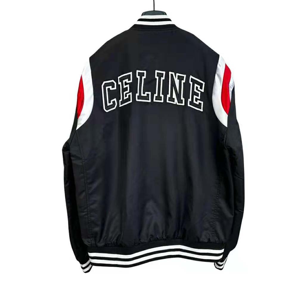 Side angle showing silhouette of Celine Men Bomber Jacket in Thick Satin