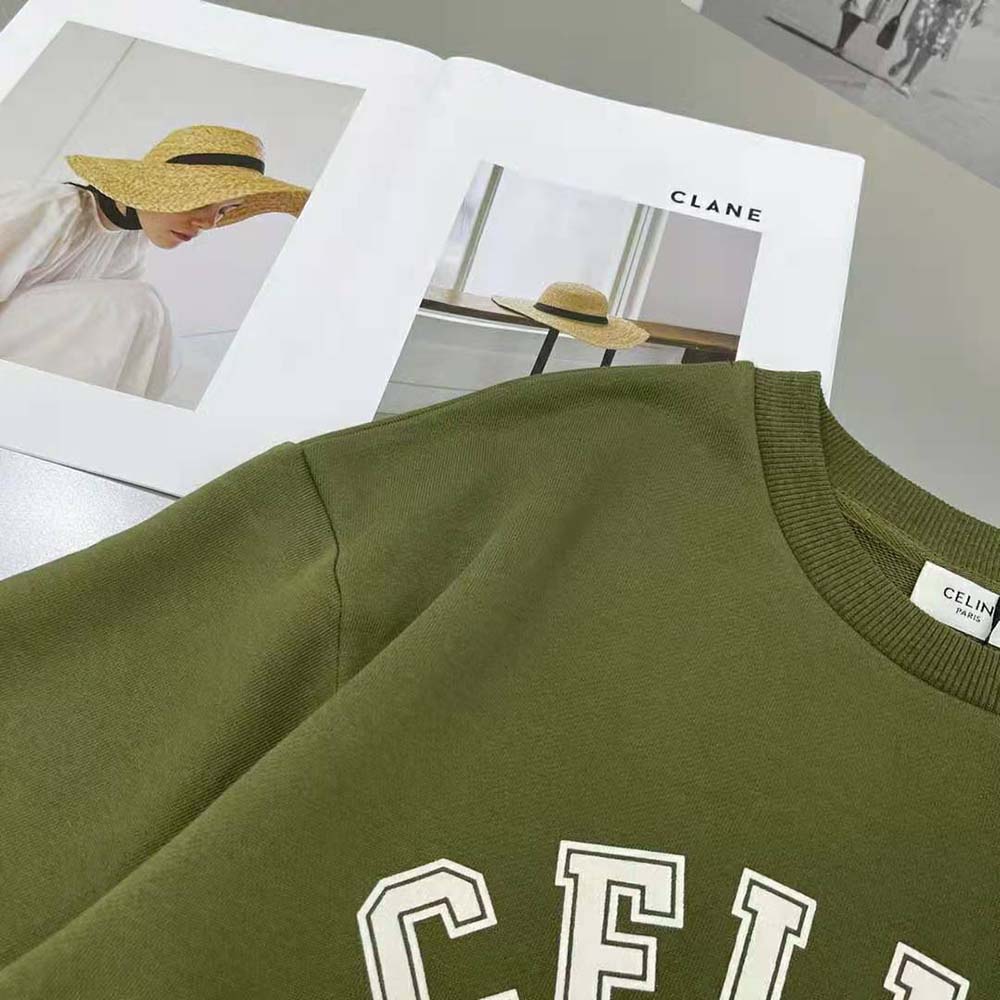 Celine Women Cropped Celine T-shirt in Cotton Fleece-Green - image 7