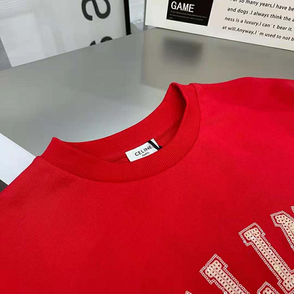 Celine Women Cropped Celine T-shirt in Cotton Fleece-Red - image 4