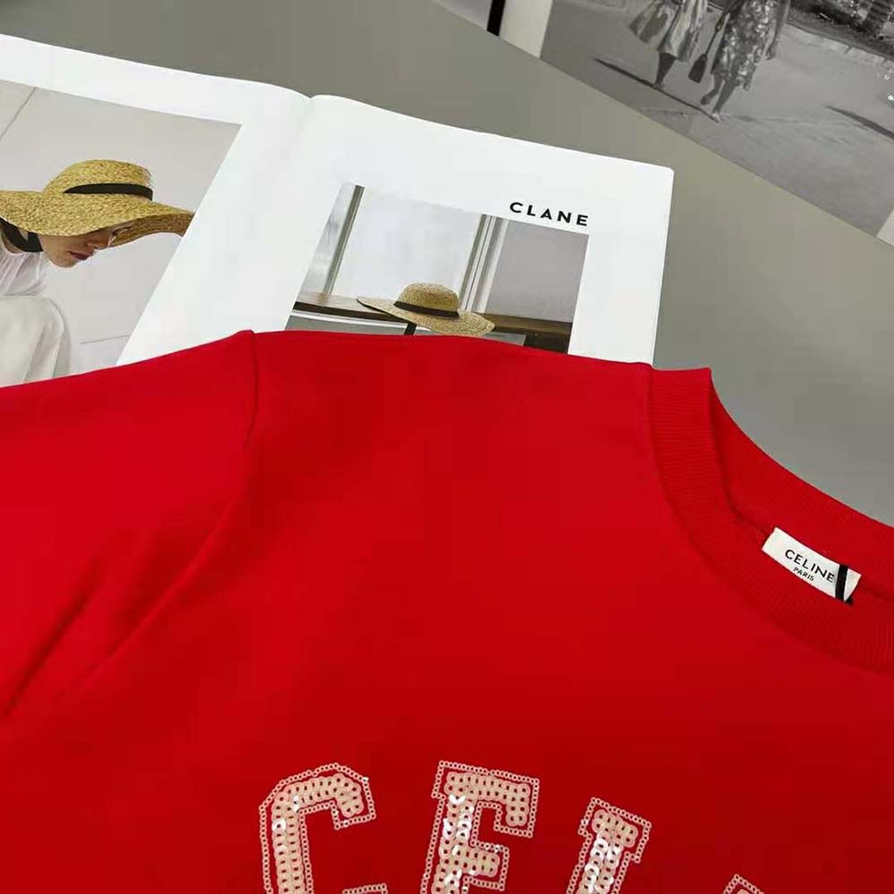 Celine Women Cropped Celine T-shirt in Cotton Fleece-Red - image 10