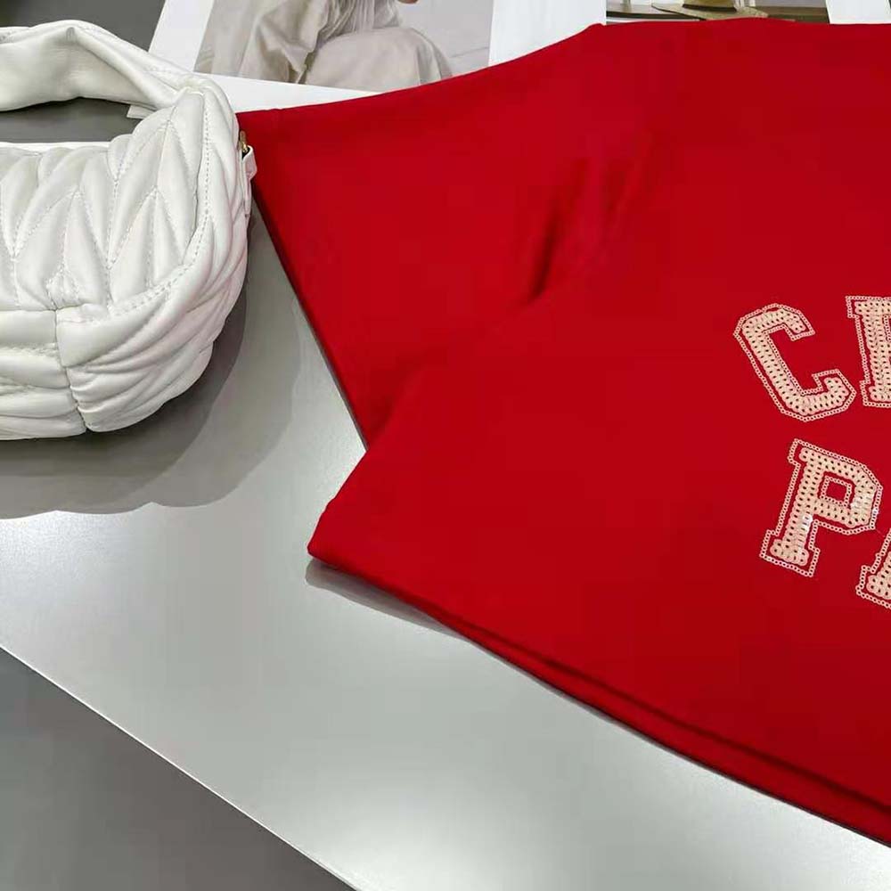 Celine Women Cropped Celine T-shirt in Cotton Fleece-Red - image 9