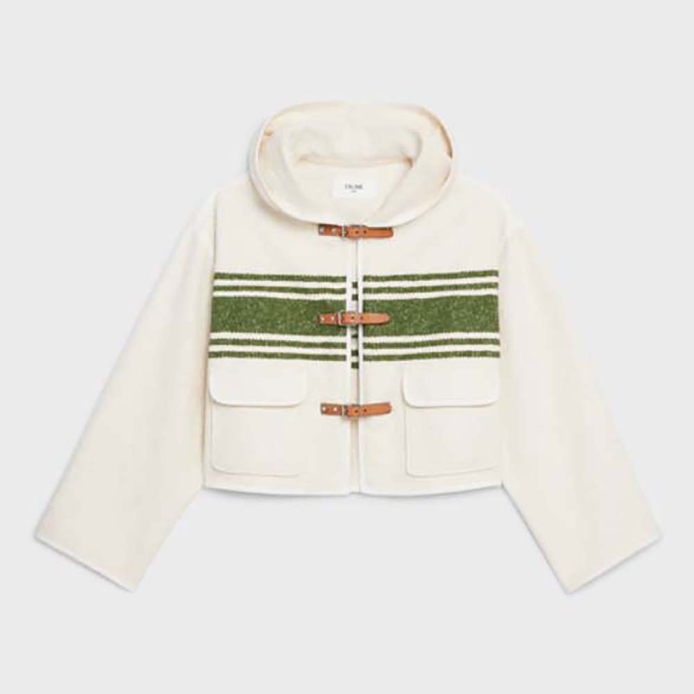 Front view of Celine Women Hooded Cardigan in Striped Tweed white