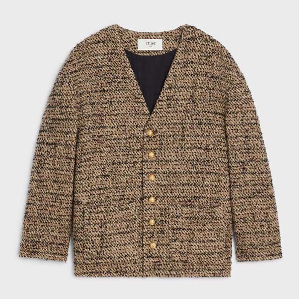 Front view of Celine Women Oversized Cardigan in Tweed in brown