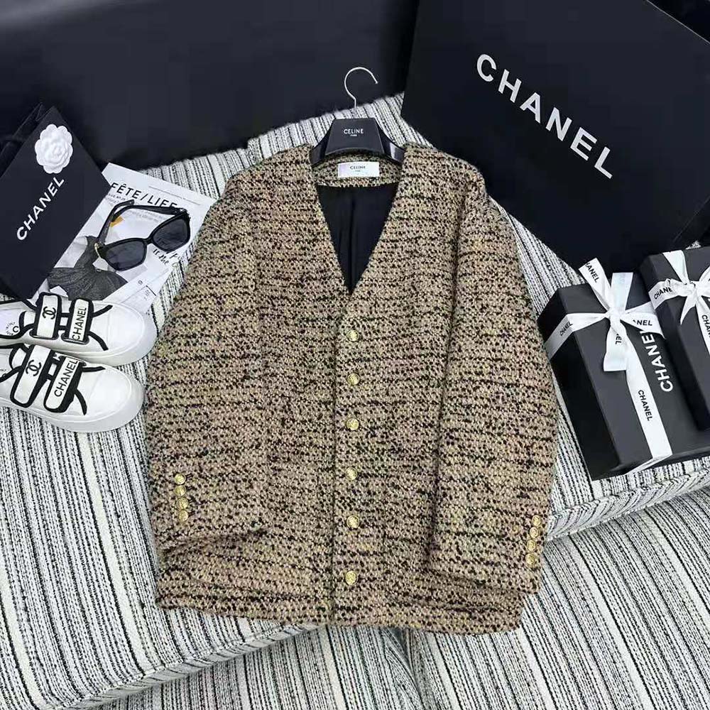 Close-up of textured tweed fabric on Celine Women Oversized Cardigan