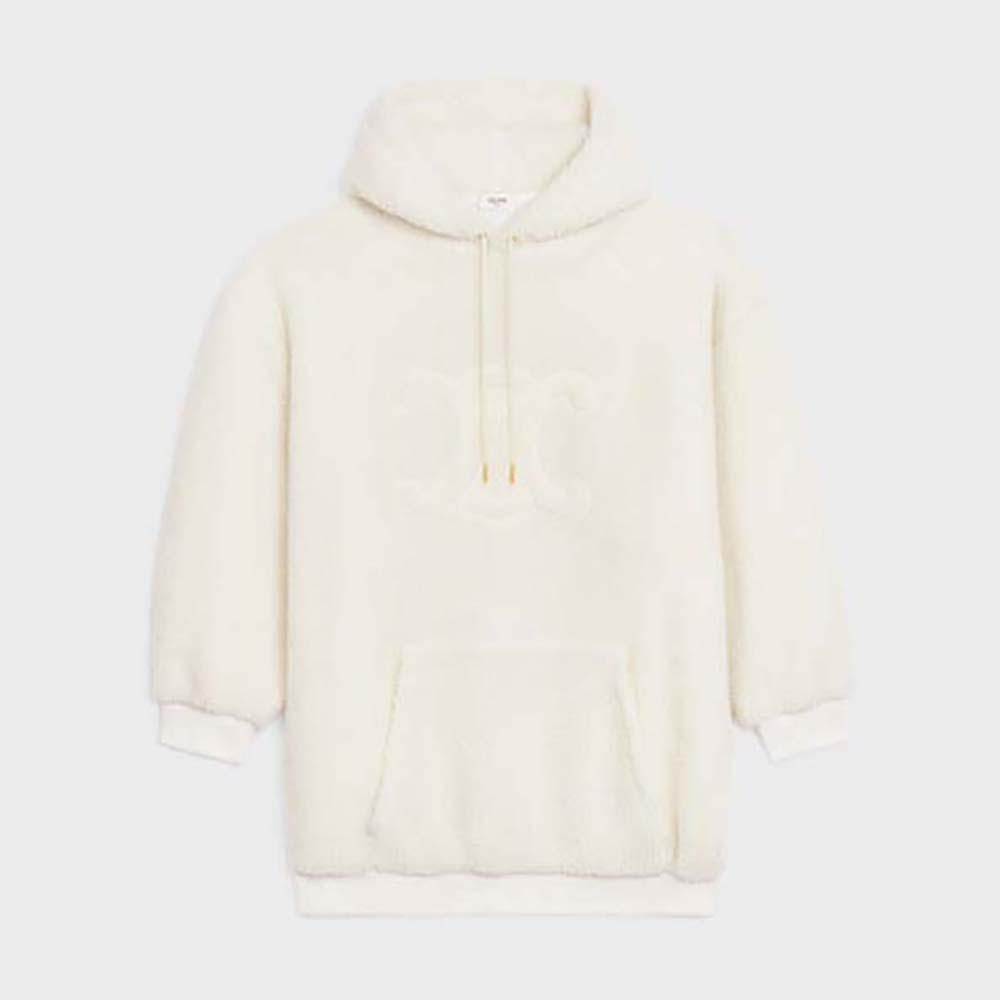 Front view of Celine Women Oversized Triomphe Hoodie in Fleece white