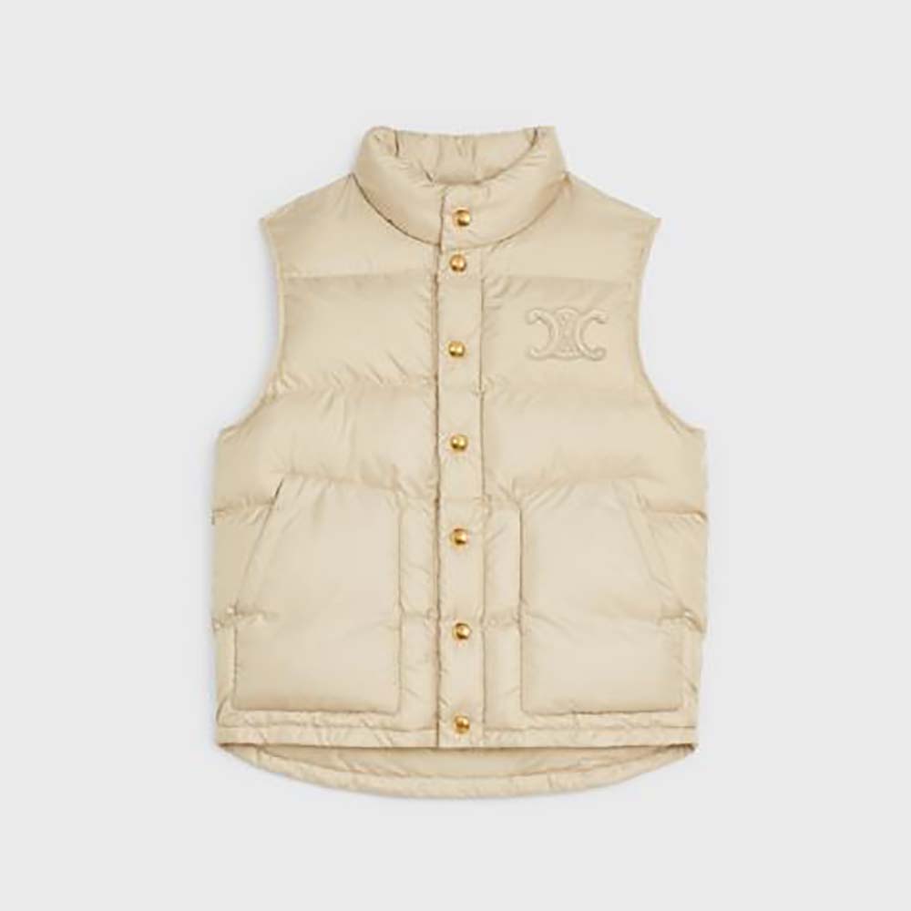Front view of Celine Women Quilted Blouson Jacket in Beige nylon