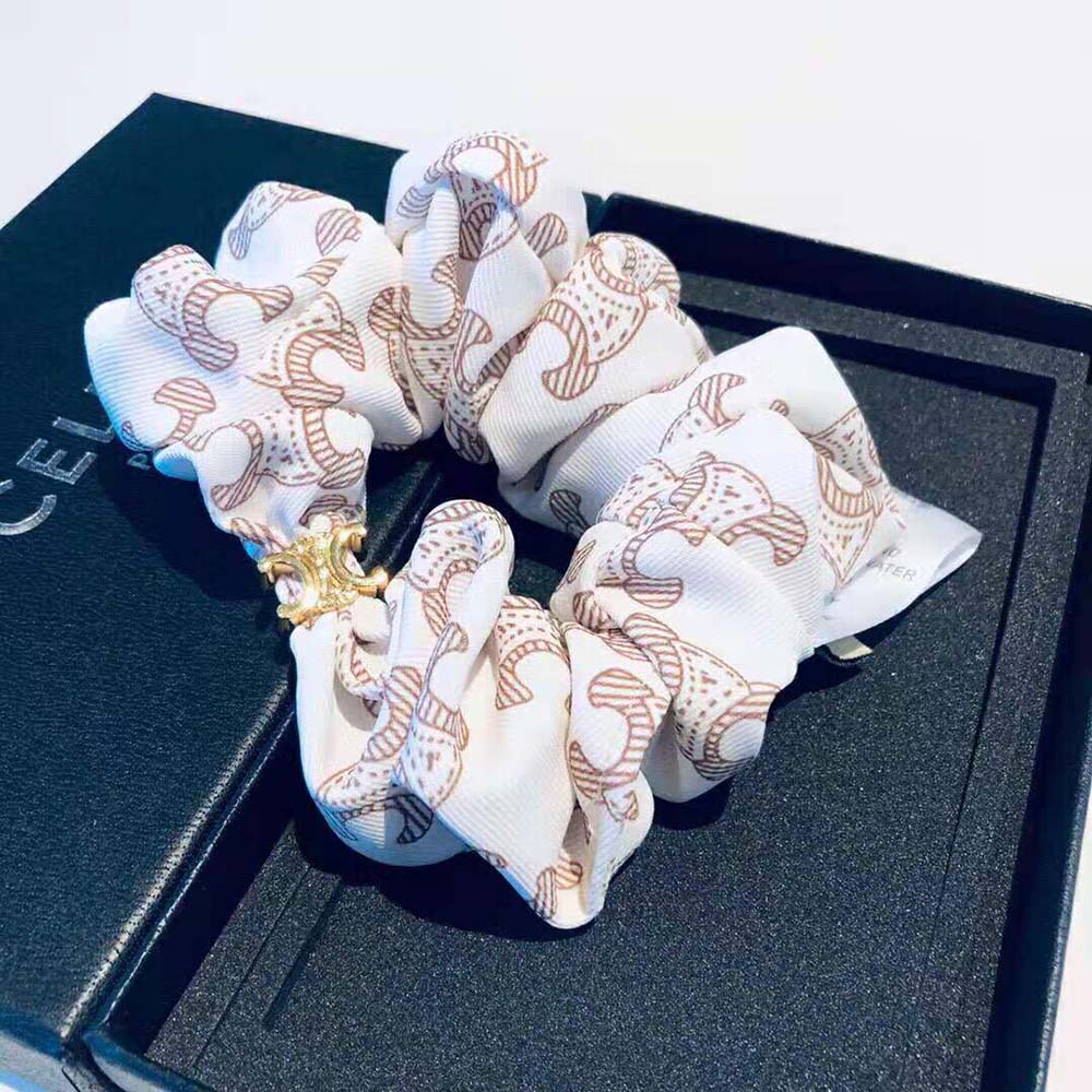 Celine Women Scrunchy Celine Triomphe Monogram Bracelet in Brass with Gold Finish and White Silk - image 7