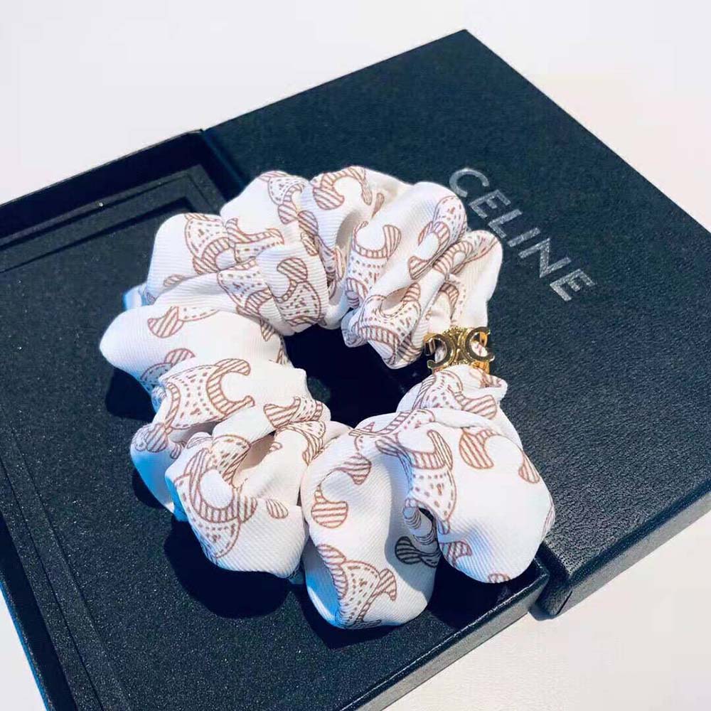 Celine Women Scrunchy Celine Triomphe Monogram Bracelet in Brass with Gold Finish and White Silk - image 6