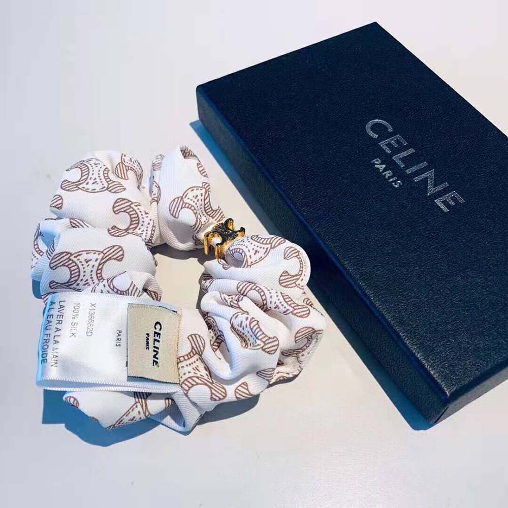 Celine Women Scrunchy Celine Triomphe Monogram Bracelet in Brass with Gold Finish and White Silk - image 5