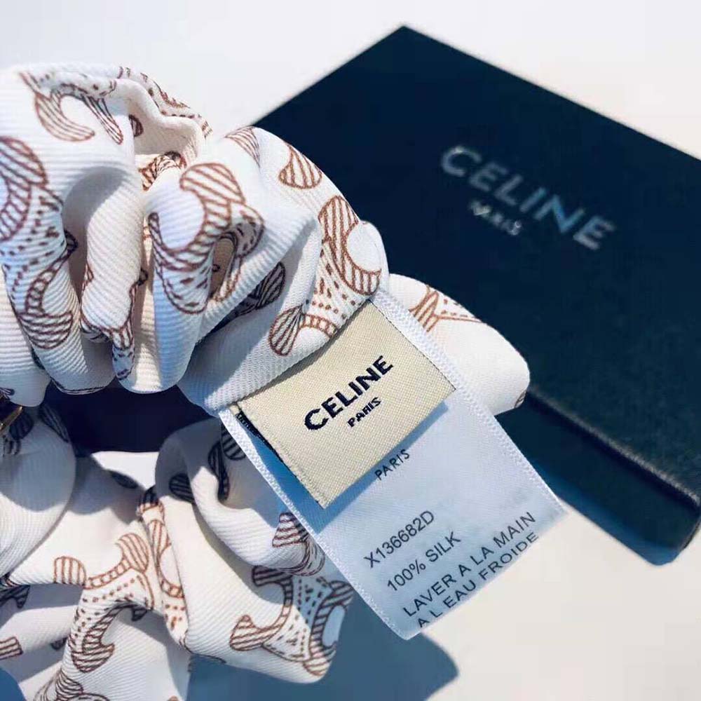 Celine Women Scrunchy Celine Triomphe Monogram Bracelet in Brass with Gold Finish and White Silk - image 8