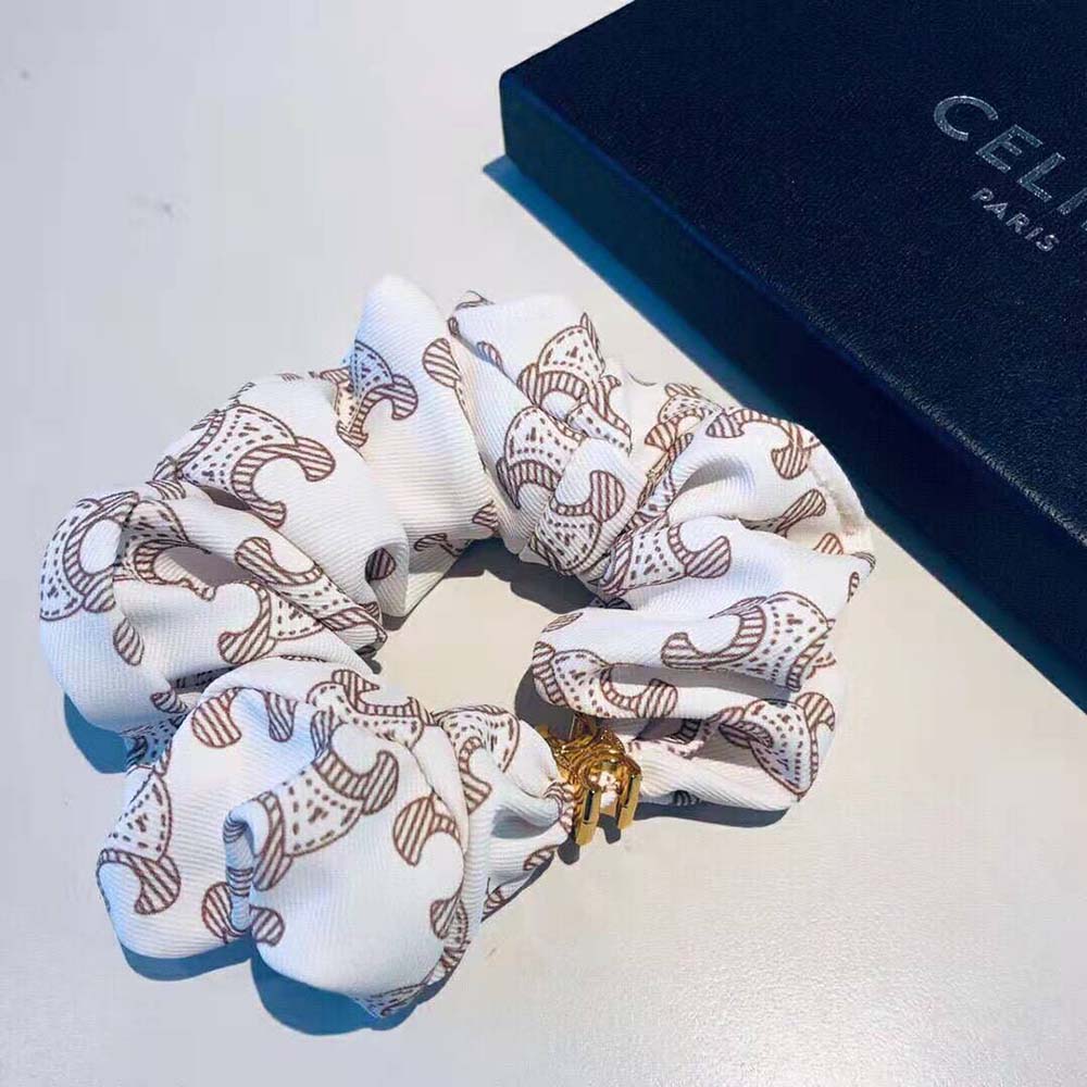 Celine Women Scrunchy Celine Triomphe Monogram Bracelet in Brass with Gold Finish and White Silk - image 4
