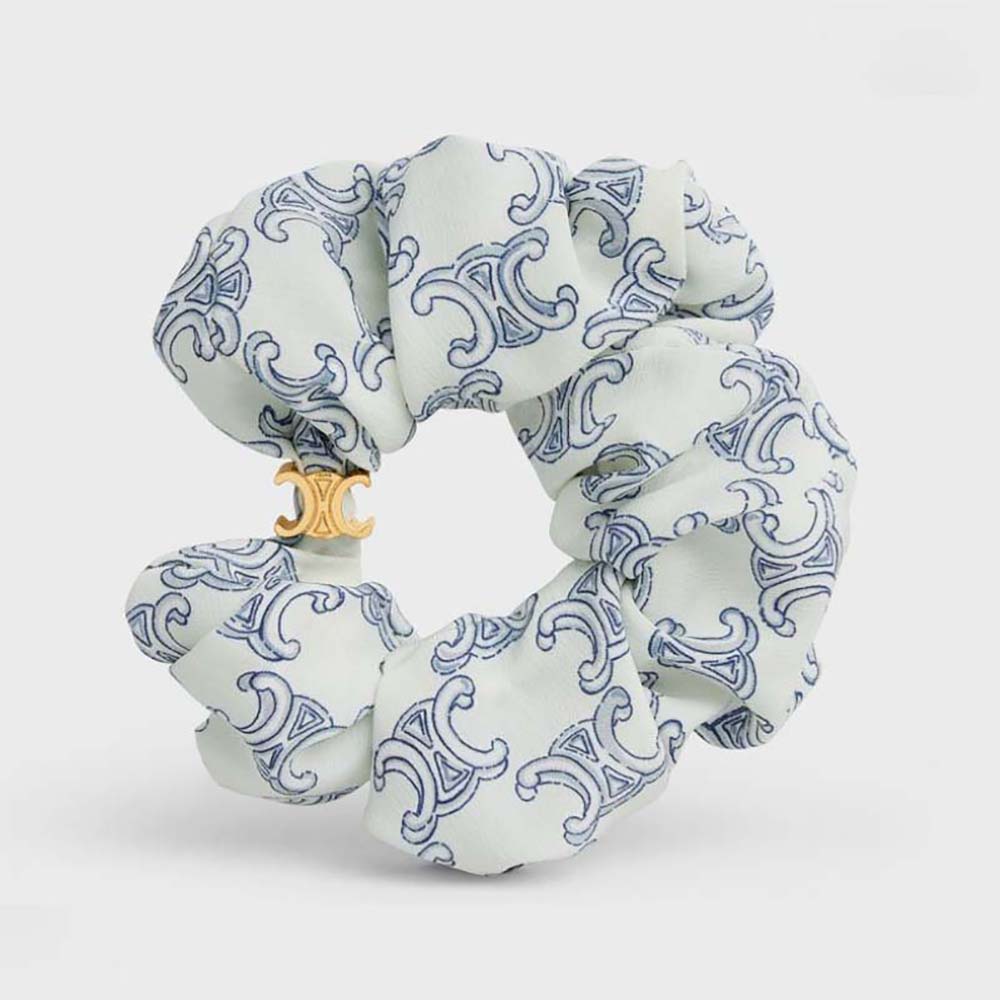 Close-up of Celine Women Scrunchy Celine Triomphe Toile De Jouy Bracelet gold finish and silk
