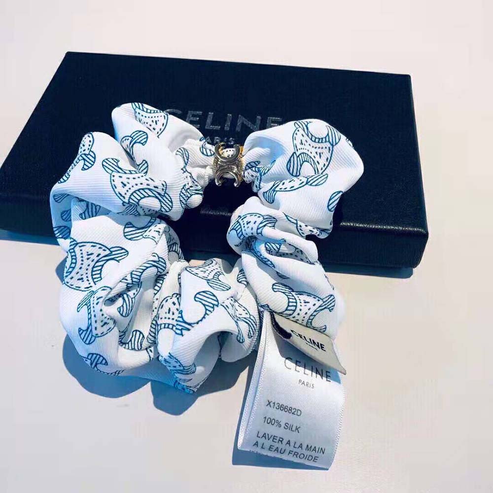 Celine Women Scrunchy Celine Triomphe Toile De Jouy Bracelet in Brass with Gold Finish and White and Navy Silk - image 6