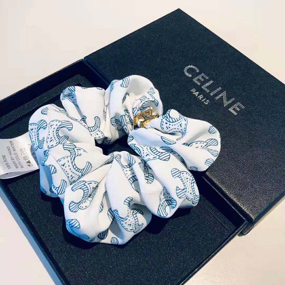 Celine Women Scrunchy Celine Triomphe Toile De Jouy Bracelet in Brass with Gold Finish and White and Navy Silk - image 4