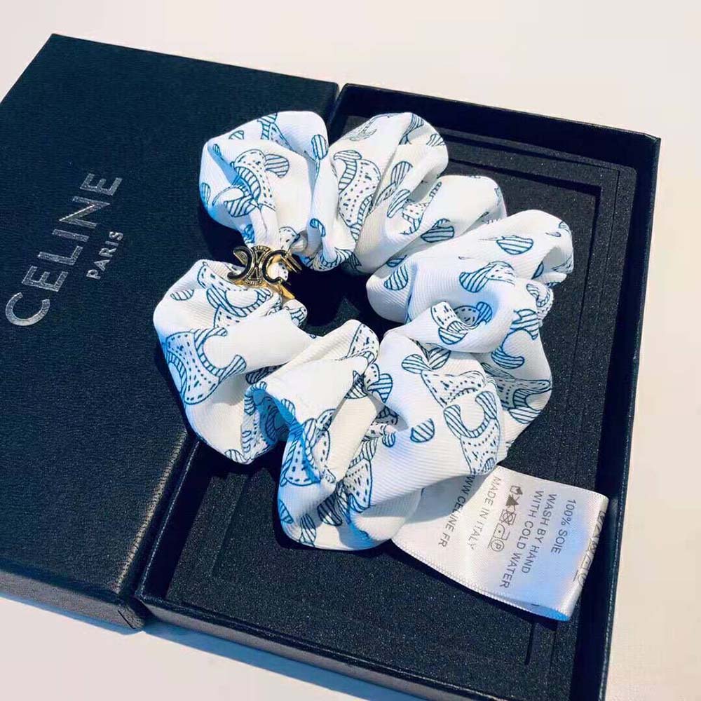 Celine Women Scrunchy Celine Triomphe Toile De Jouy Bracelet in Brass with Gold Finish and White and Navy Silk - image 5