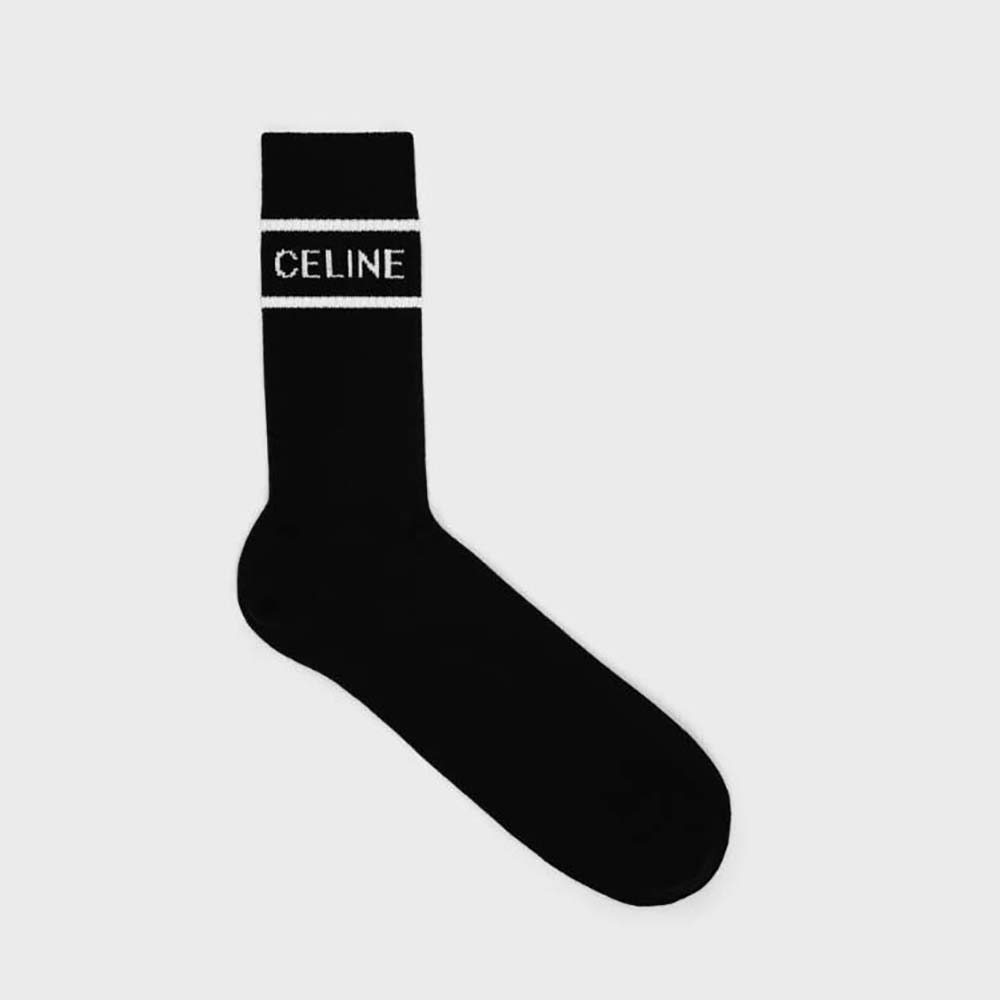 Top view of Celine Women Socks in Striped Cotton-Black showing cuff detail