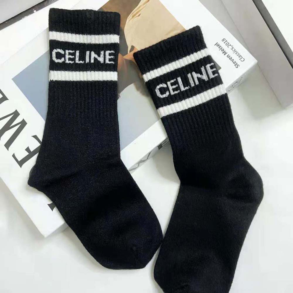Side angle of ankle-length Celine Women Socks in Striped Cotton-Black