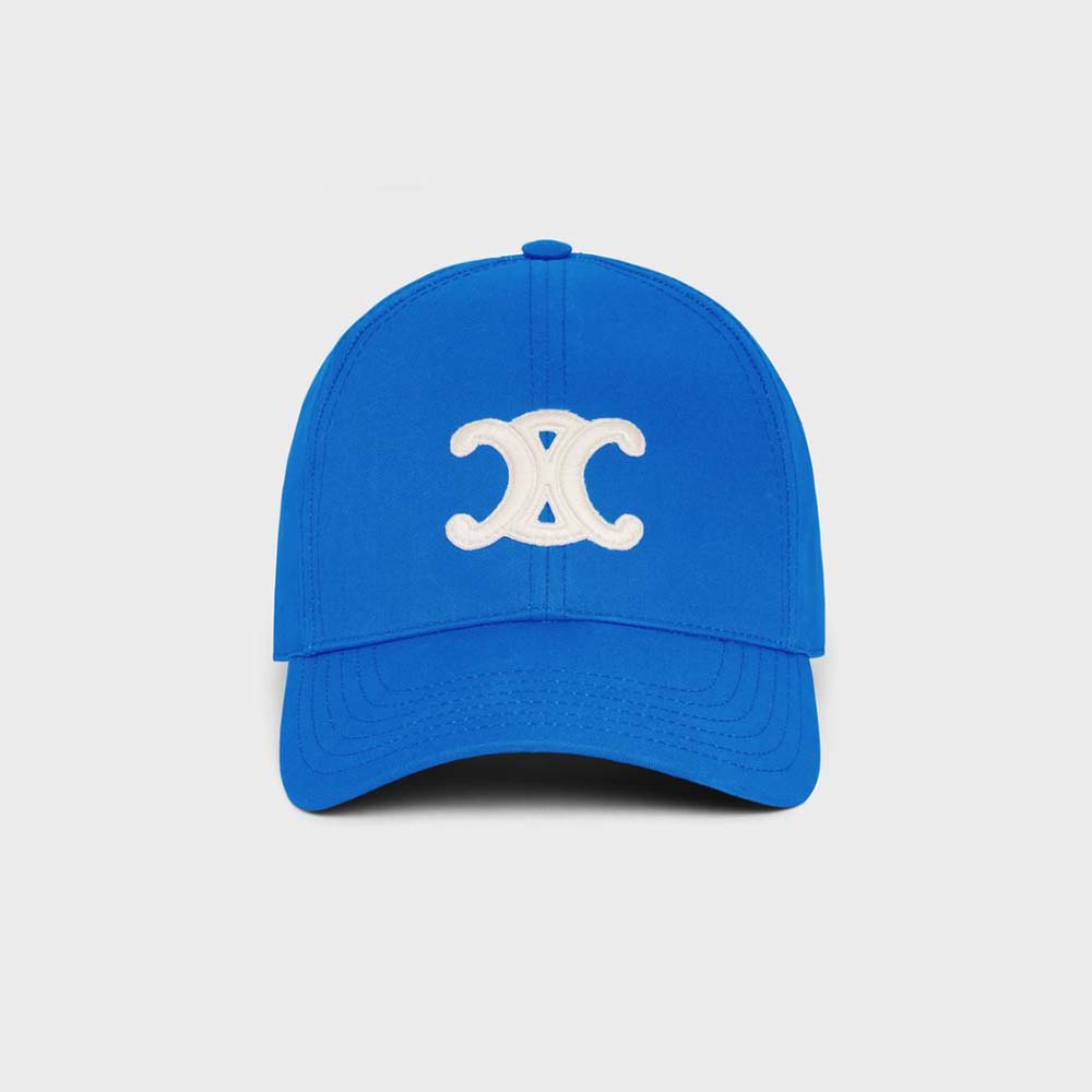 Front view of Celine Women Triomphe Cotton Baseball Cap-Blue with curved brim