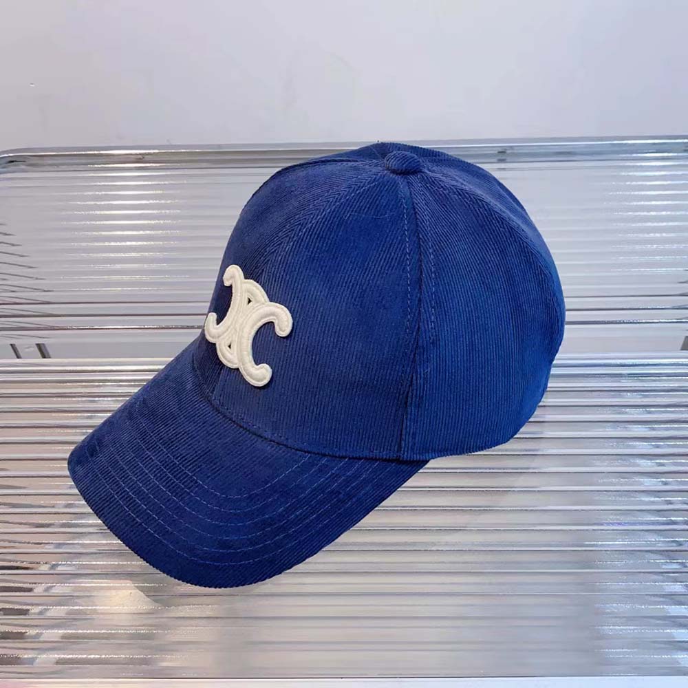 Side profile showing adjustable strap of Celine Women Triomphe Cotton Baseball Cap-Blue