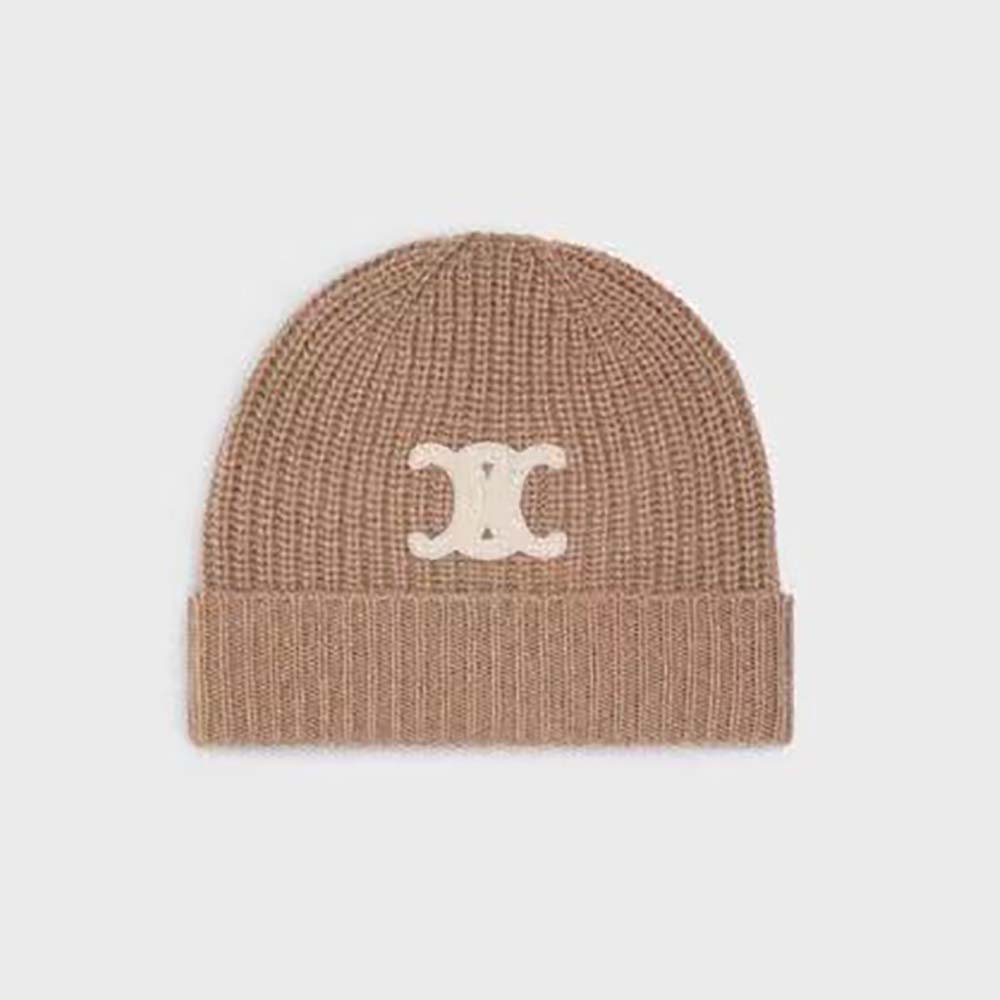 Front view of Celine Women Triomphe Embroidered Beanie in Sandy cashmere