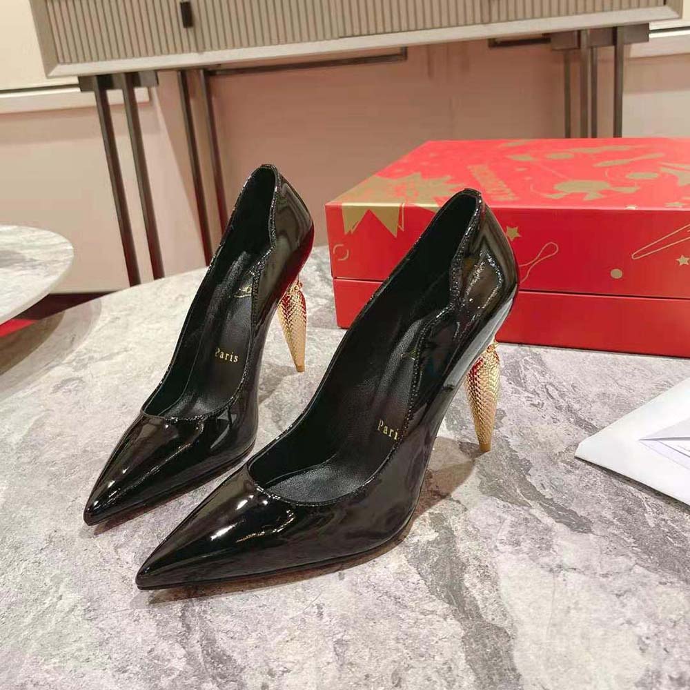 Back angle showing 100 mm heel height on Christian Louboutin Lipchick Pump