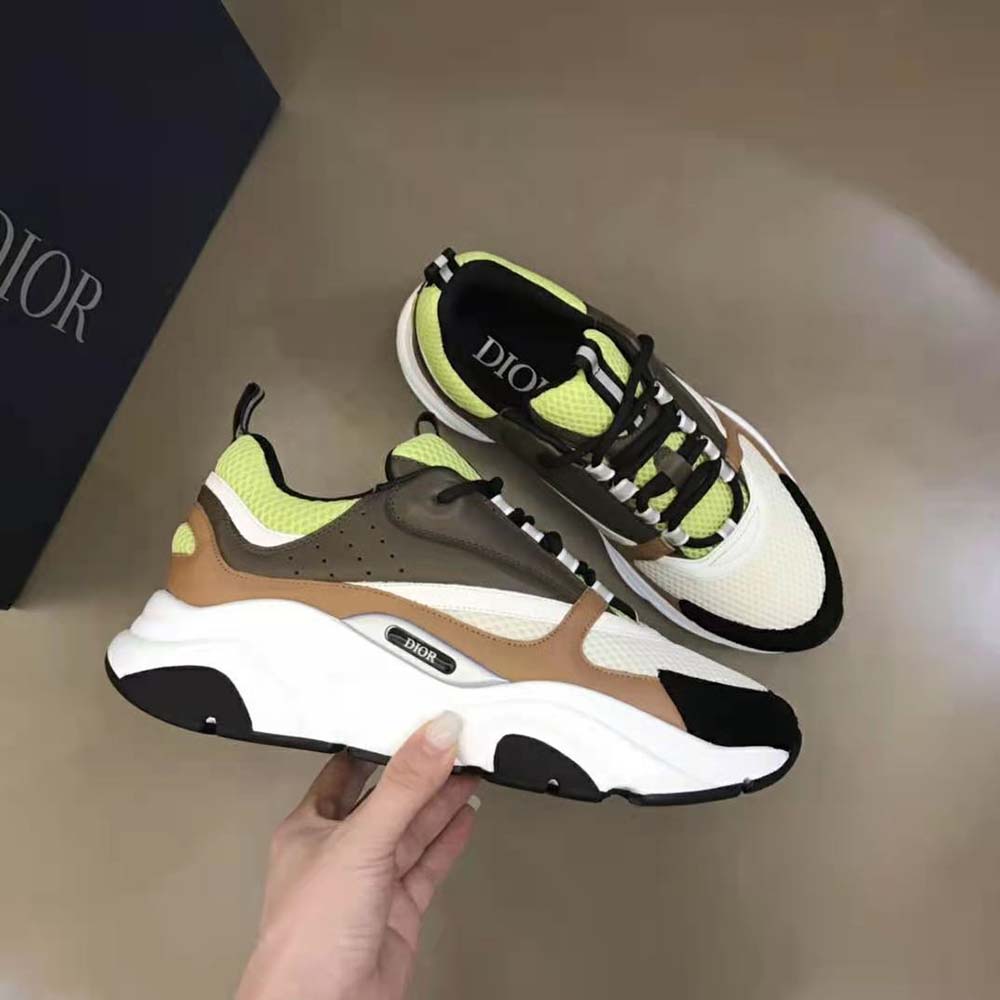 Dior Men B22 Sneaker Green and White Technical Mesh with Ebony and Camel Smooth Calfskin - image 4