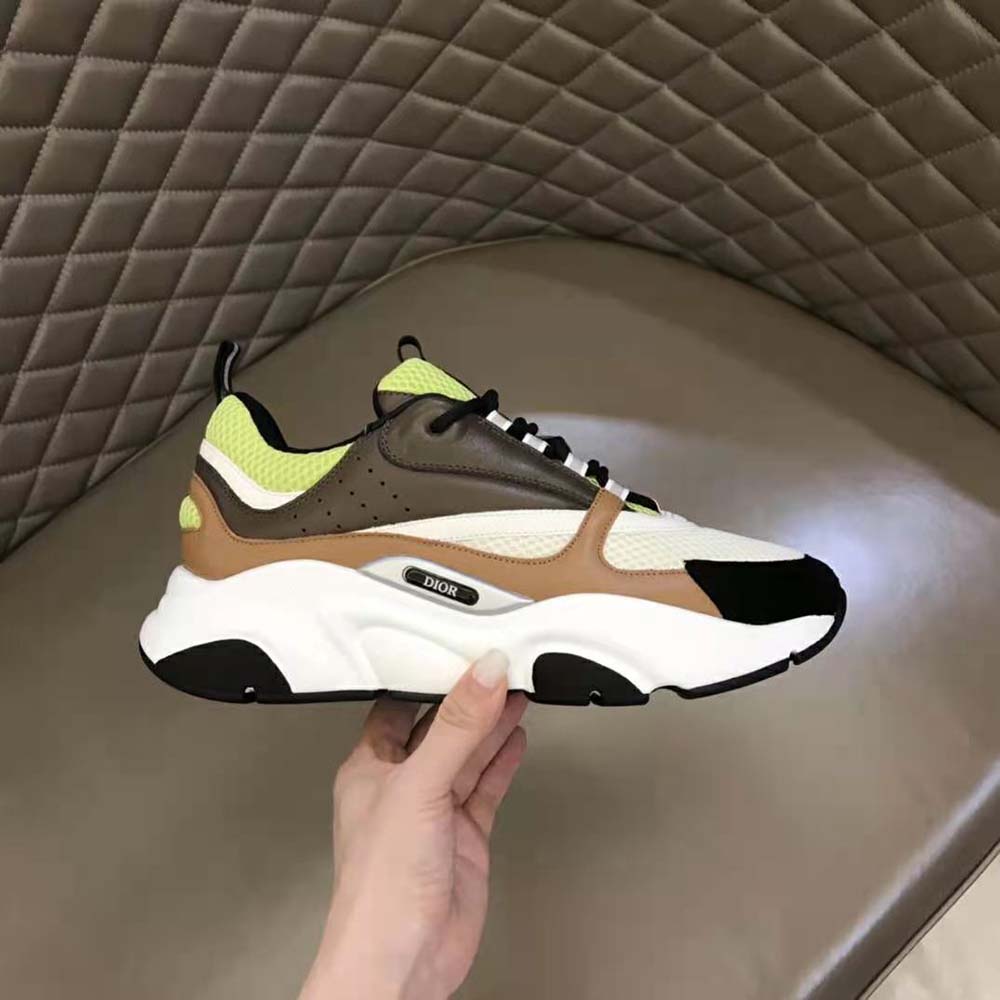 Dior Men B22 Sneaker Green and White Technical Mesh with Ebony and Camel Smooth Calfskin - image 7