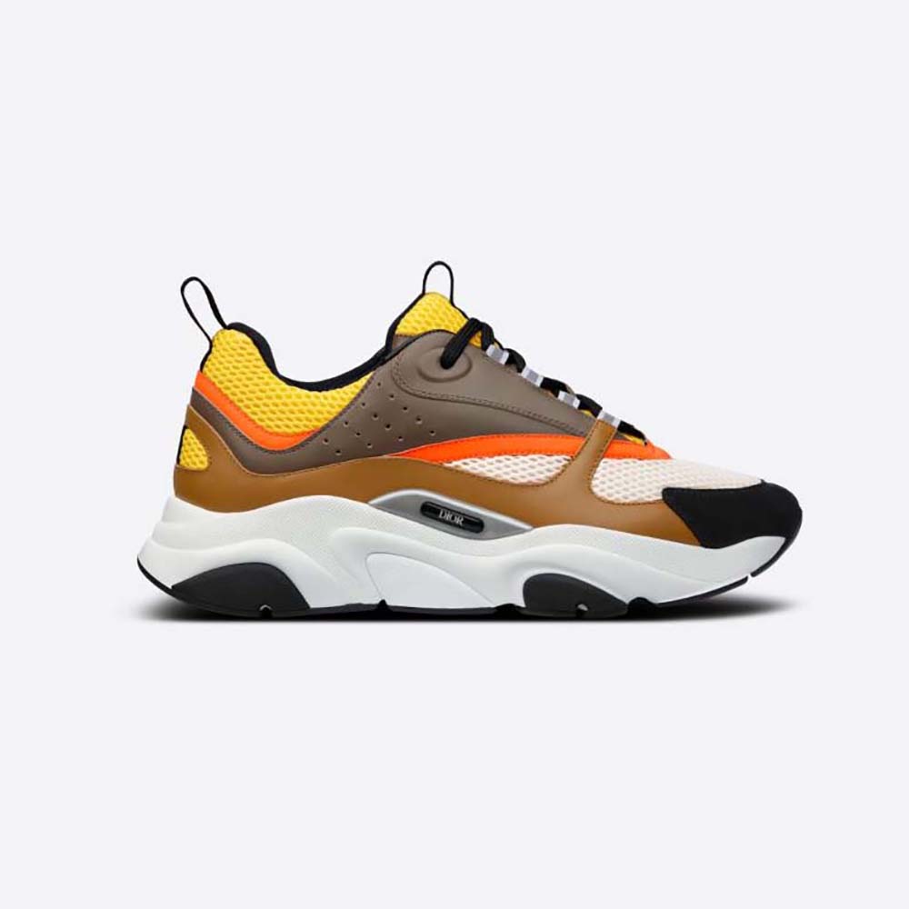 Dior Men B22 Sneaker Yellow and White Technical Mesh with Ebony and Camel Smooth Calfskin