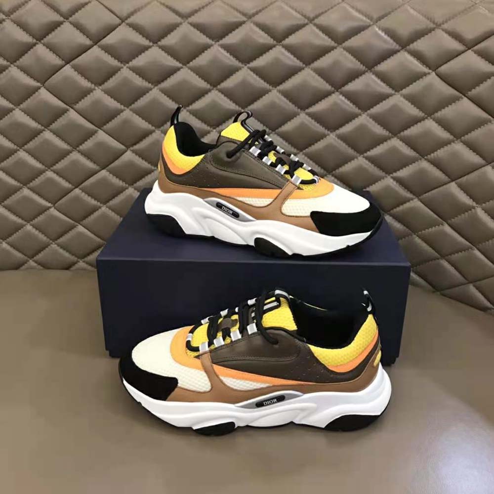 Dior Men B22 Sneaker Yellow and White Technical Mesh with Ebony and Camel Smooth Calfskin - image 5
