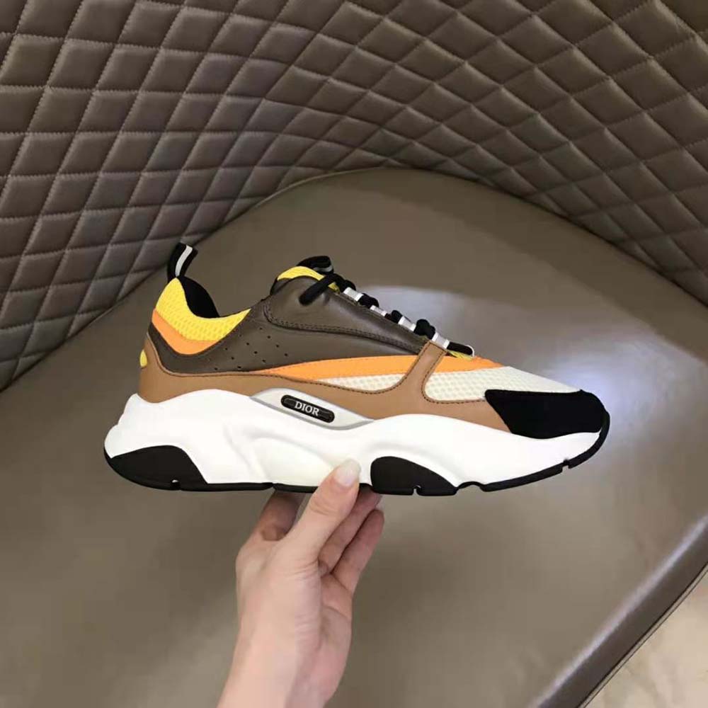 Dior Men B22 Sneaker Yellow and White Technical Mesh with Ebony and Camel Smooth Calfskin - image 6