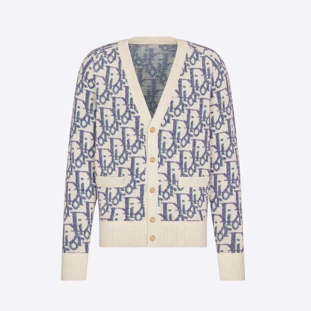 Front view of Dior Men Oblique Cardigan White Mauve and Sea Green Wool Jacquard