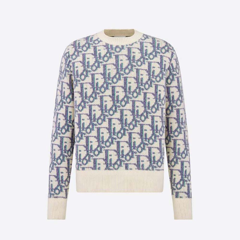 Front view of Dior Men Oblique Sweater White Mauve and Sea Green Wool Jacquard