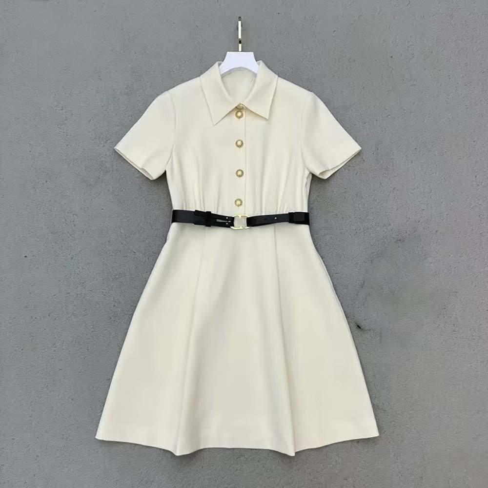 Front view of Dior Women Belted Short Dress White Wool and Silk