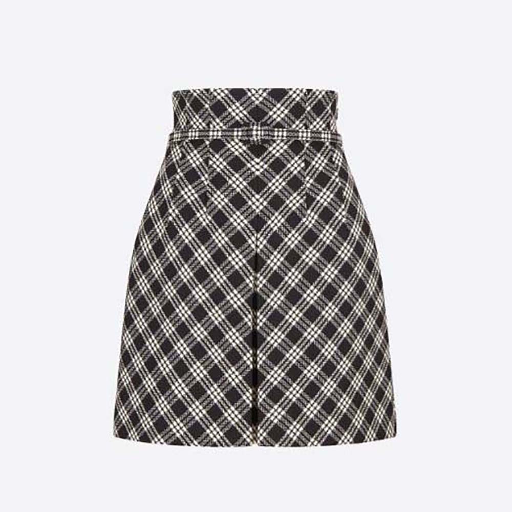 Front view of Dior Women Belted Short Skirt Black and White Check’N’Dior Virgin Wool