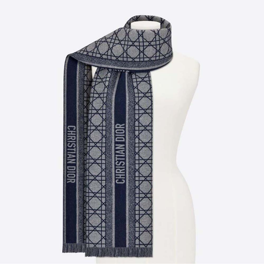 Close-up of Dior Women Cannage Scarf Navy Blue and Gray stitching detail