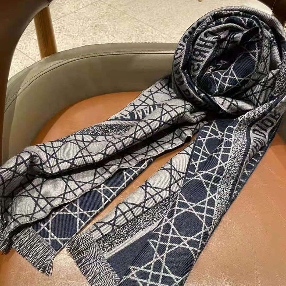 Full view of Dior Women Cannage Scarf Navy Blue and Gray draped on model