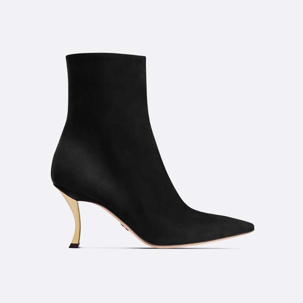 Side view of Dior Women D-Fame Heeled Ankle Boot Black Suede Calfskin