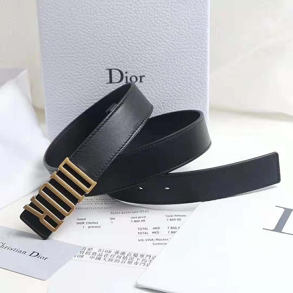 Side profile showing smooth black calfskin texture of Dior Women D-Fence Belt