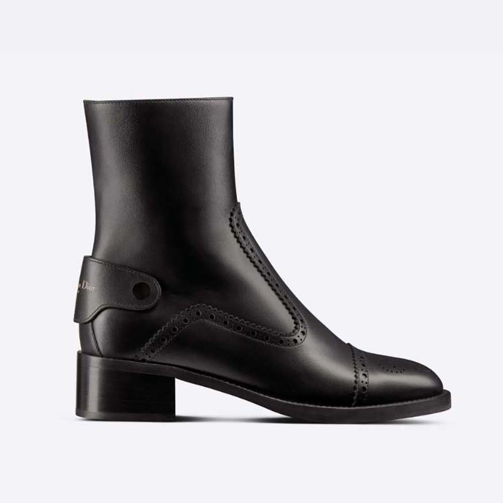 Side view of Dior Women D-Folk Heeled Ankle Boot Black Perforated Calfskin