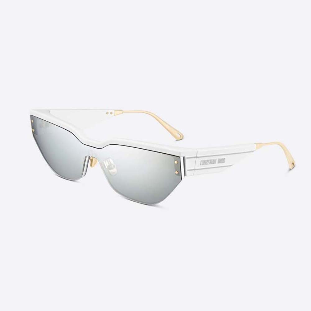 Close-up on gold Dior logo hardware detail of white DiorClub M3U sunglasses