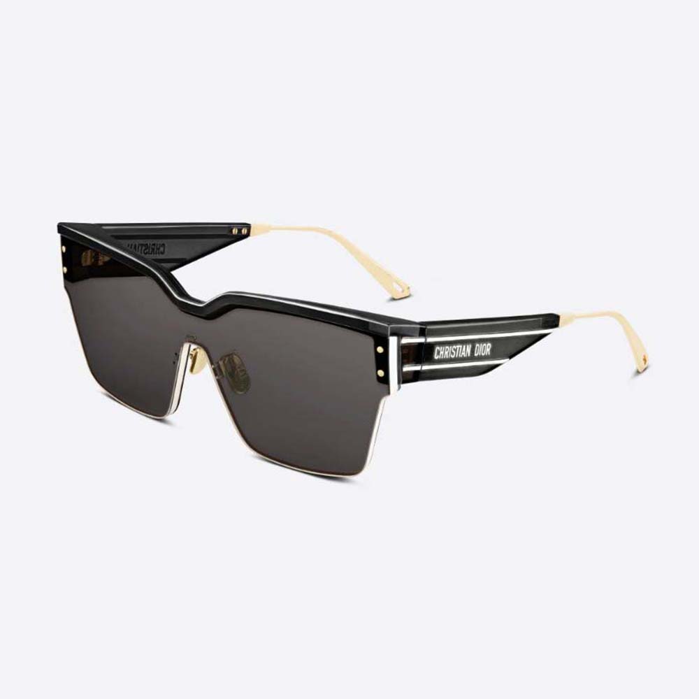 Close-up on engraved Dior metal hardware of DiorClub M4U Gray Mask Sunglasses