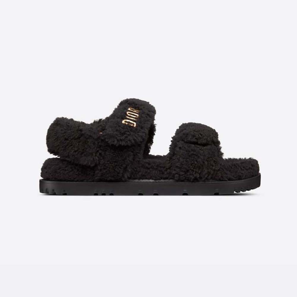 Side view of Dior Women Dioract Sandal Black Shearling showing leather straps