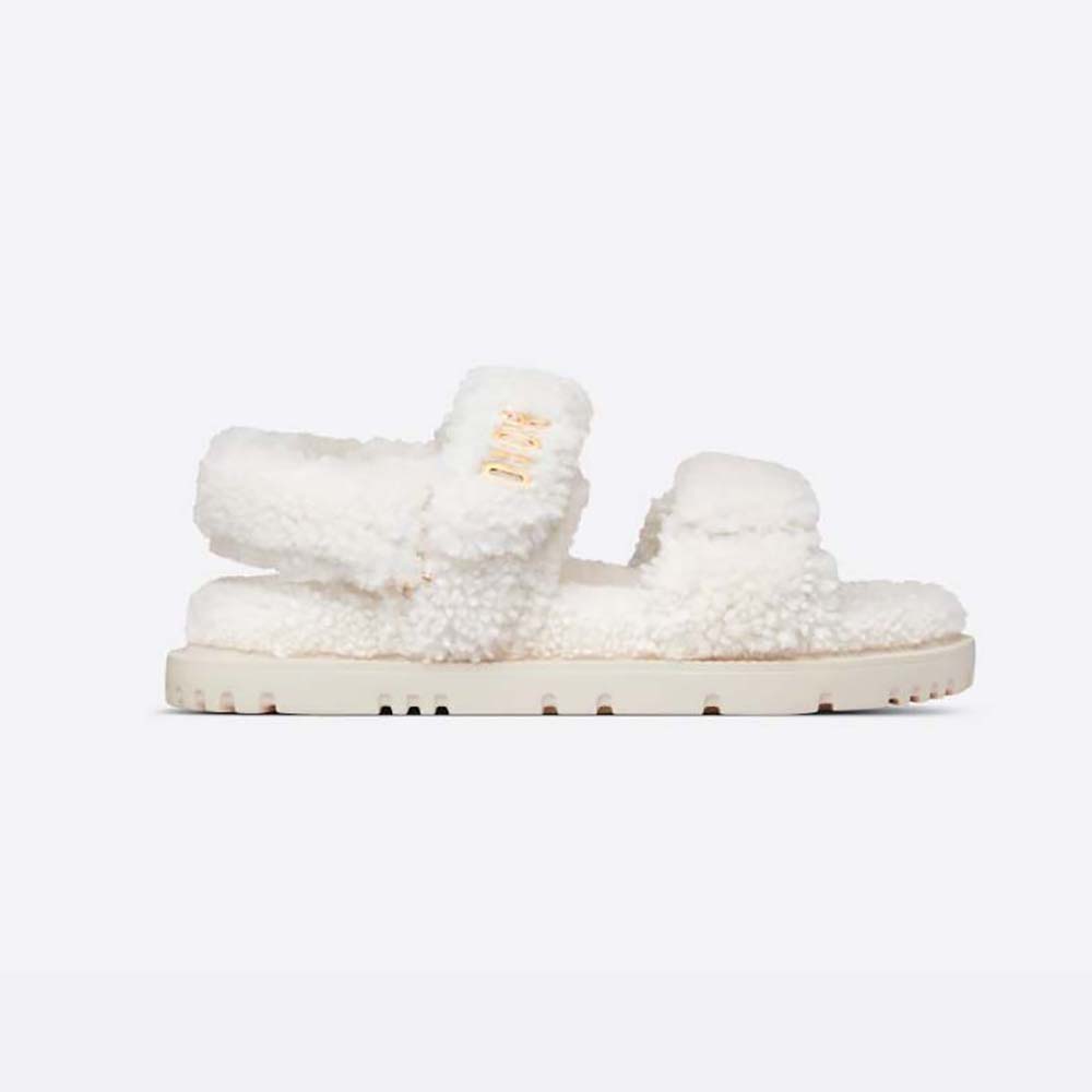 Side view of Dior Women Dioract Sandal White Shearling showing buckle detail