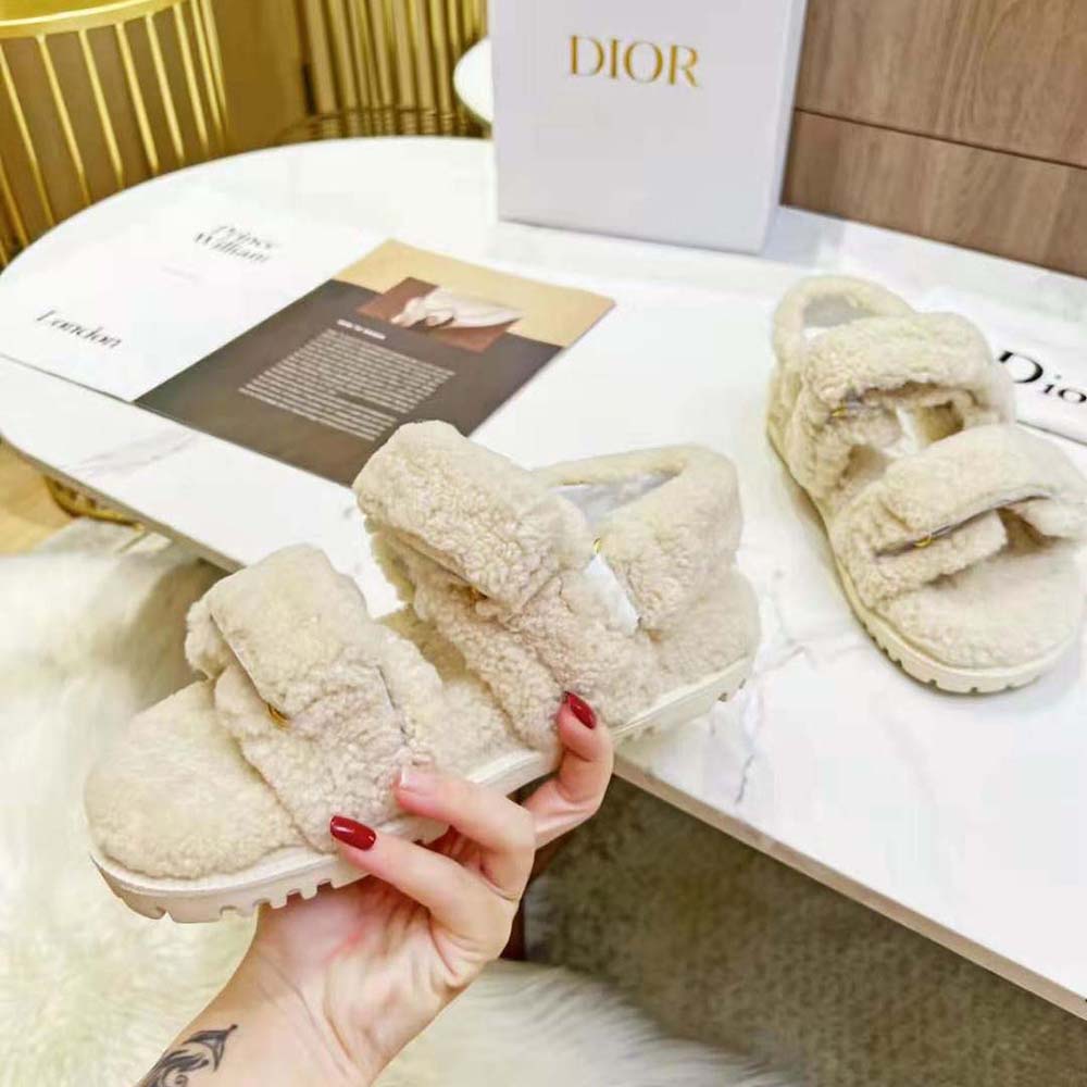 Top angle of Dior Women Dioract Sandal White Shearling highlighting plush shearling lining